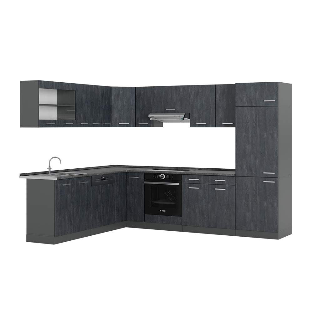 Vicco Eckküche R-Line 287x227 cm Schwarz Beton Anthrazit mit Arbeitsplatte Anthrazit