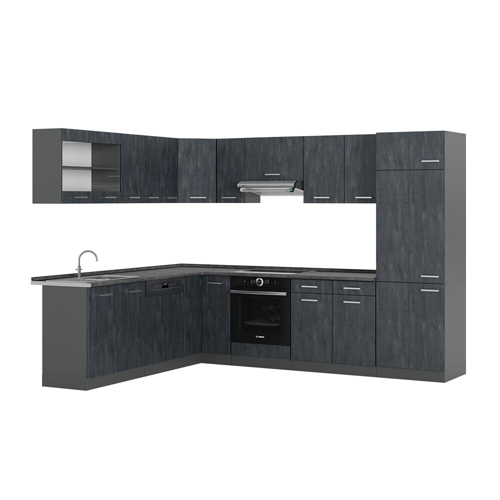 Vicco Eckküche R-Line 287x227 cm Schwarz Beton Anthrazit mit Arbeitsplatte Eiche