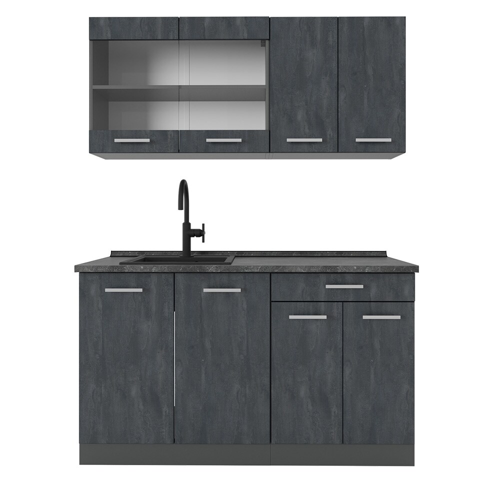 Vicco Singleküche R-Line 140 cm Schwarz Beton Anthrazit mit Arbeitsplatte Weiß-Marmor
