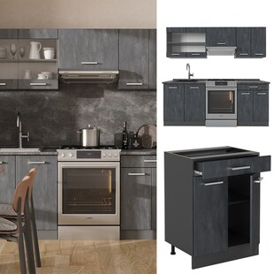 Vicco Küchenzeile R-Line 200 cm Schwarz Beton Anthrazit mit Arbeitsplatte Anthrazit 