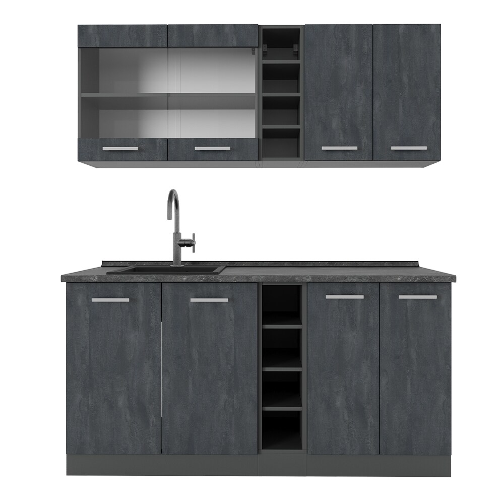 Vicco Singleküche R-Line 160 cm Schwarz Beton Anthrazit mit Arbeitsplatte Anthrazit