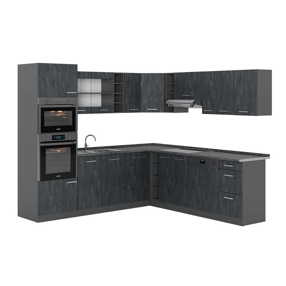 Vicco Eckküche R-Line 247x237 cm Schwarz Beton Anthrazit mit Arbeitsplatte Weiß-Marmor