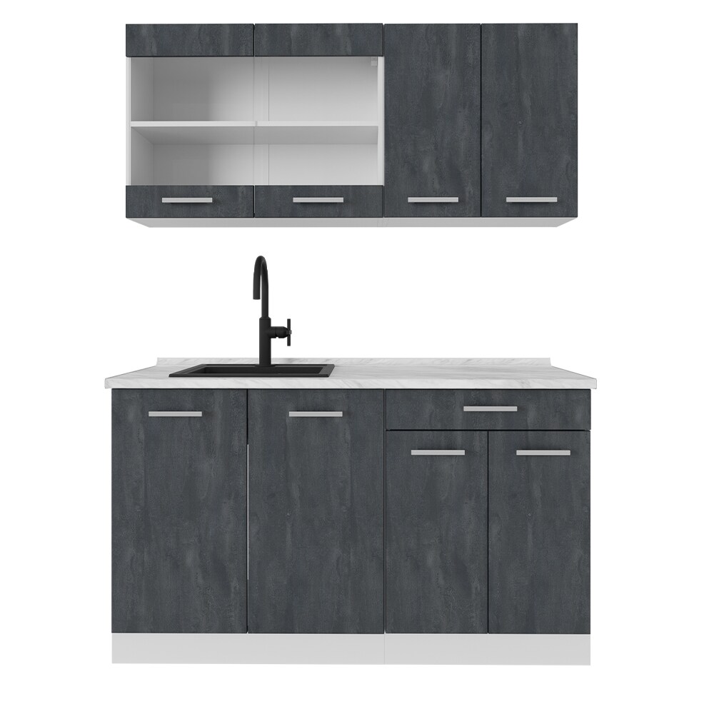 Vicco Singleküche R-Line 140 cm Schwarz Beton Weiß mit Arbeitsplatte Anthrazit