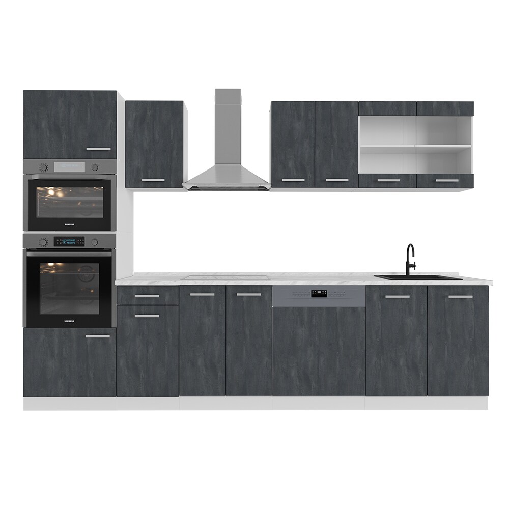 Vicco Küchenzeile R-Line 300 cm Schwarz Beton Weiß mit Arbeitsplatte Eiche
