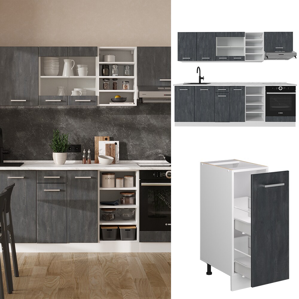 Vicco K&uuml;chenzeile R-Line 240 cm Schwarz Beton Wei&szlig; ohne Arbeitsplatte 