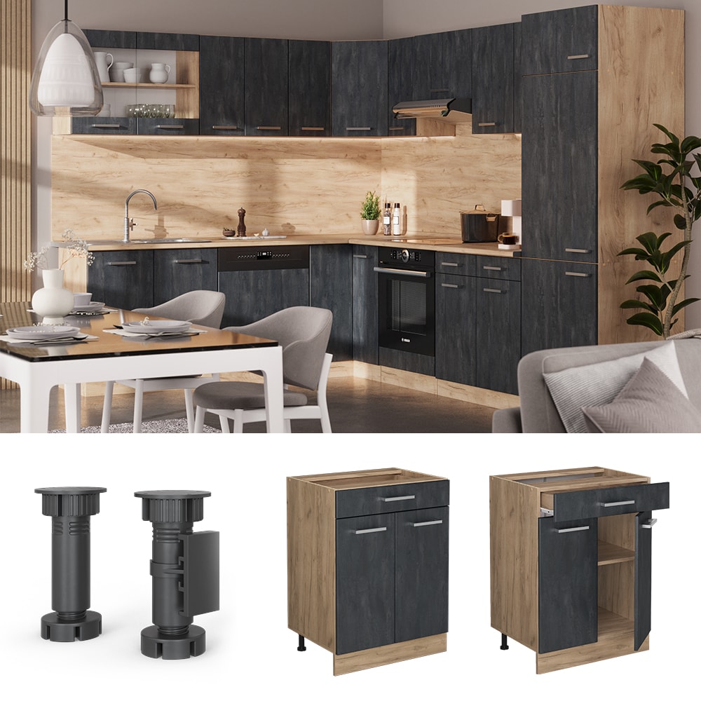 Vicco Schubunterschrank R-Line Schwarz Beton Eiche 60 cm mit Arbeitsplatte Eiche 