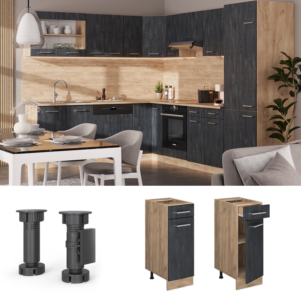 Vicco Schubunterschrank R-Line Schwarz Beton Eiche 30 cm mit Arbeitsplatte Wei&szlig;-Marmor 