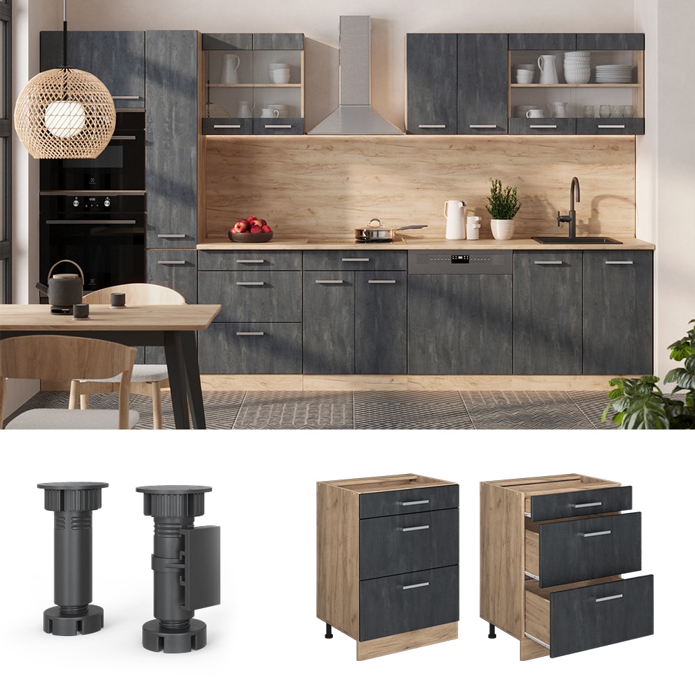 Vicco Schubladenunterschrank R-Line Schwarz Beton Eiche 60 cm mit Arbeitsplatte Eiche 