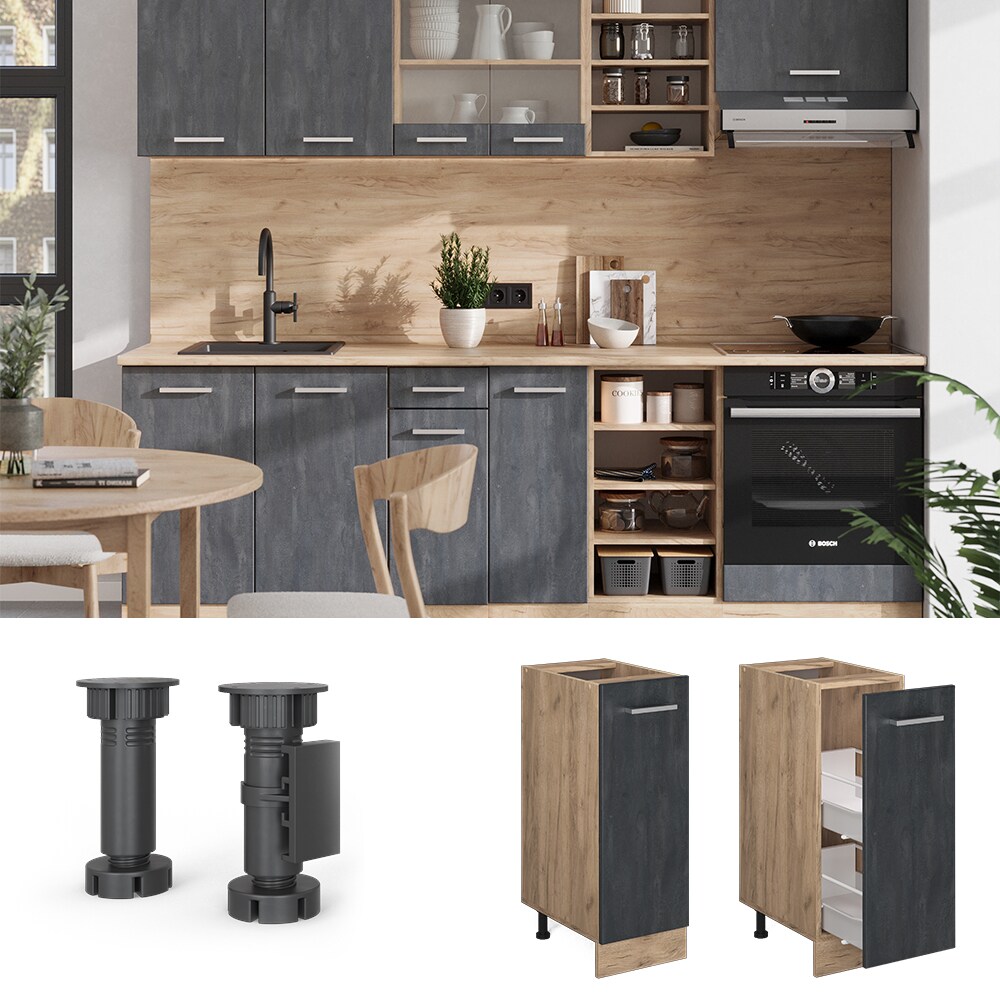 Vicco Apothekerunterschrank R-Line Schwarz Beton Eiche 30 cm mit Arbeitsplatte Anthrazit 