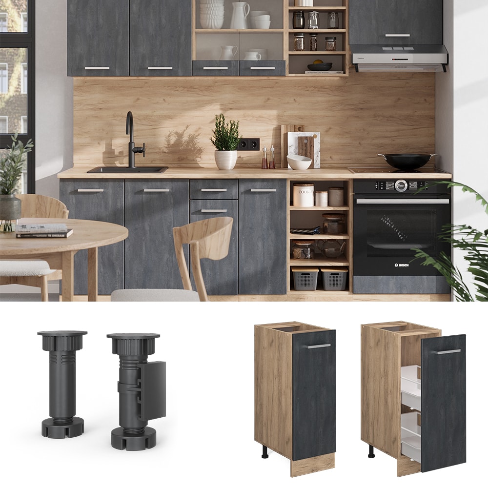 Vicco Apothekerunterschrank R-Line Schwarz Beton Eiche 30 cm mit Arbeitsplatte Eiche 