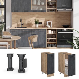 Vicco Apothekerunterschrank R-Line Schwarz Beton Eiche 30 cm mit Arbeitsplatte Eiche 