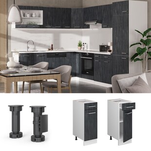 Vicco Schubunterschrank R-Line Schwarz Beton Weiß 30 cm mit Arbeitsplatte Anthrazit 