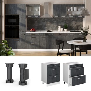 Vicco Schubladenunterschrank R-Line Schwarz Beton Weiß 60 cm mit Arbeitsplatte Anthrazit 