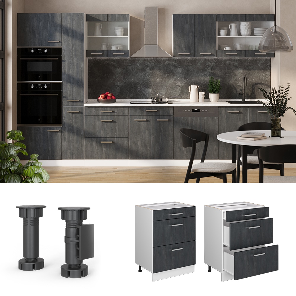 Vicco Schubladenunterschrank R-Line Schwarz Beton Wei&szlig; 60 cm mit Arbeitsplatte Eiche 