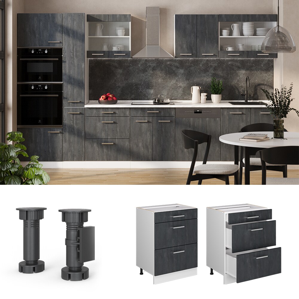 Vicco Schubladenunterschrank R-Line Schwarz Beton Wei&szlig; 60 cm mit Arbeitsplatte Wei&szlig;-Marmor 