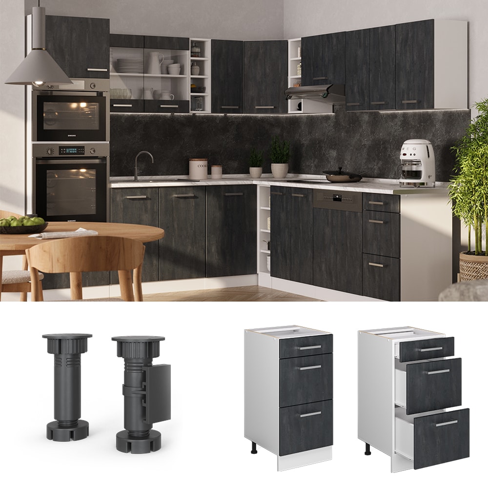 Vicco Schubladenunterschrank R-Line Schwarz Beton Wei&szlig; 40 cm mit Arbeitsplatte Anthrazit 