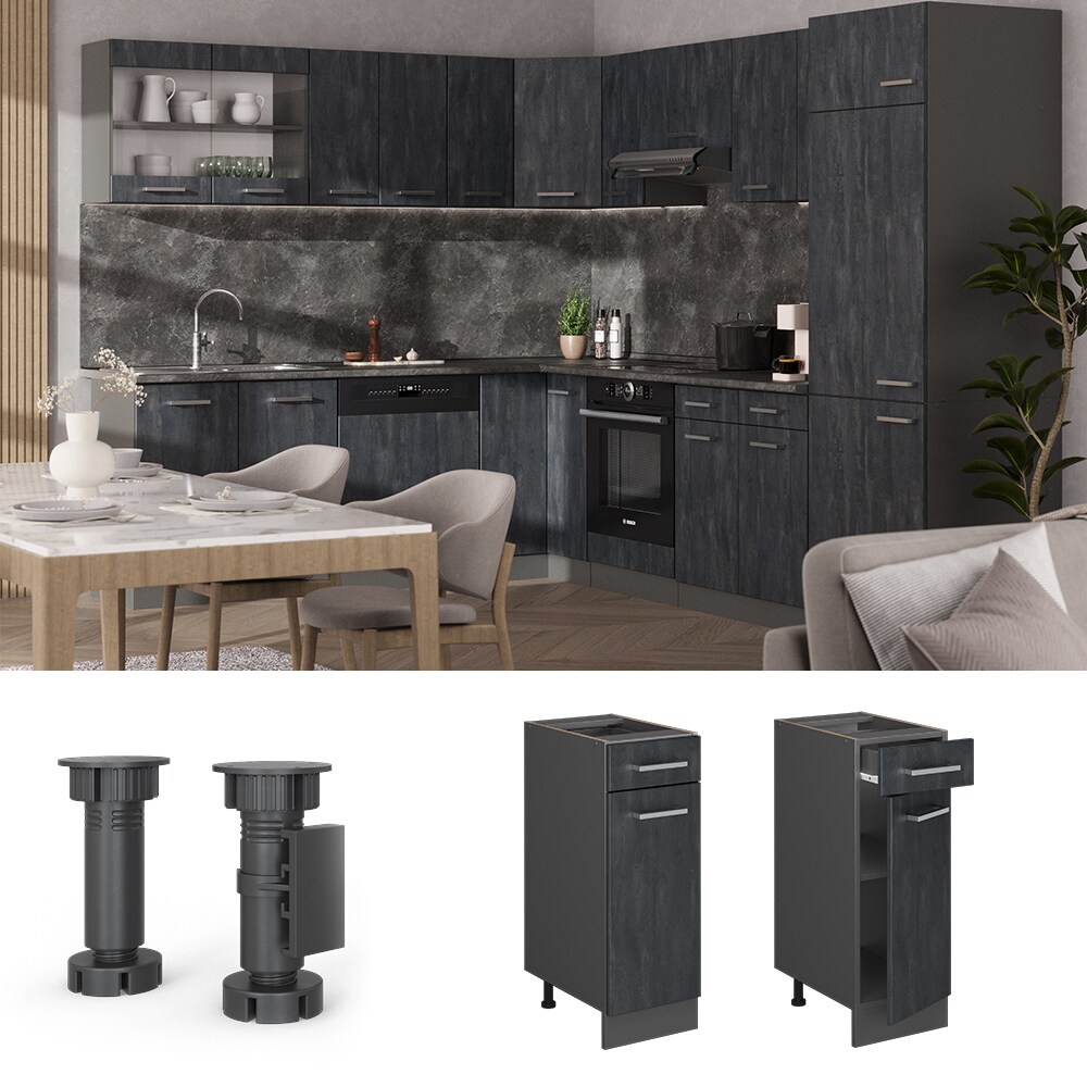 Vicco Schubunterschrank R-Line Schwarz Beton Anthrazit 30 cm mit Arbeitsplatte Wei&szlig;-Marmor 