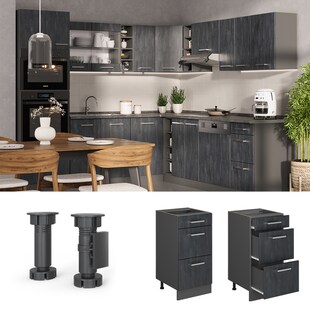 Vicco Schubladenunterschrank R-Line Schwarz Beton Anthrazit 40 cm mit Arbeitsplatte Eiche 
