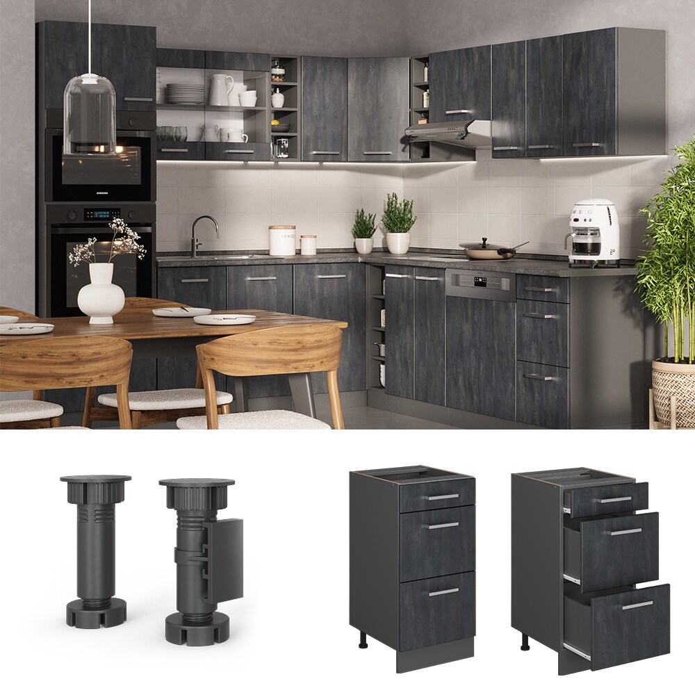 Vicco Schubladenunterschrank R-Line Schwarz Beton Anthrazit 40 cm mit Arbeitsplatte Wei&szlig;-Marmor 