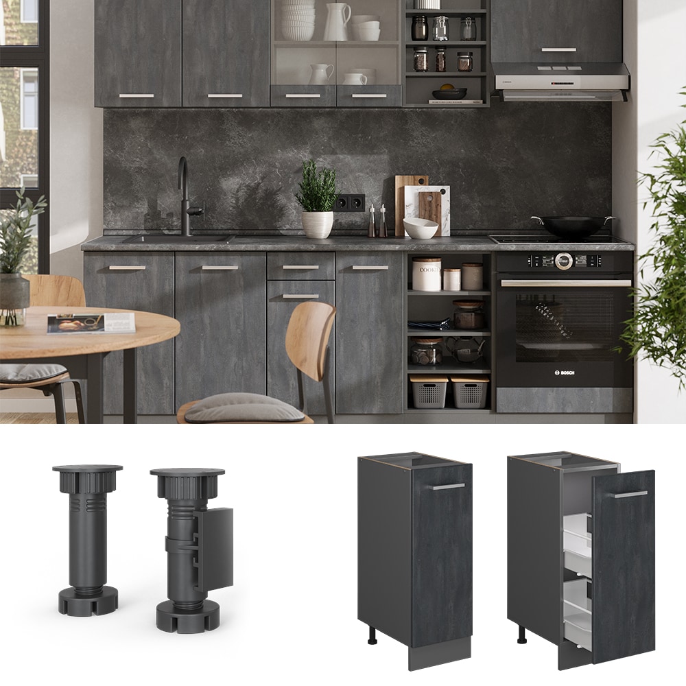 Vicco Apothekerunterschrank R-Line Schwarz Beton Anthrazit 30 cm mit Arbeitsplatte Anthrazit 