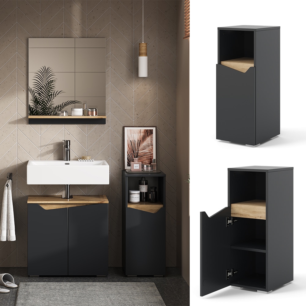 Vicco Midischrank Marelle Anthrazit Eiche 30 x 74,5 cm mit T&uuml;r und offenem Fach 