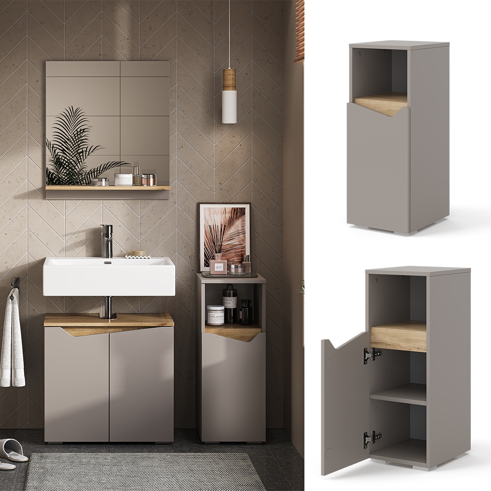 Vicco Midischrank Marelle Greige Eiche 30 x 74,5 cm mit T&uuml;r und offenem Fach 