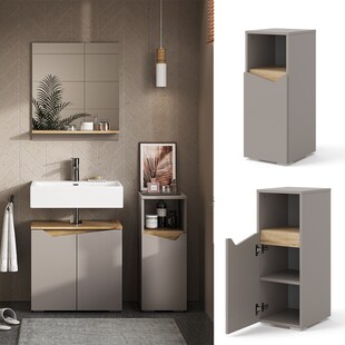 Vicco Midischrank Marelle Greige Eiche 30 x 74,5 cm mit Tür und offenem Fach 