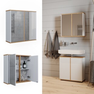 Vicco Badspiegelschrank Didi Weiß Eiche 60 x 60 cm mit 2 Türen 