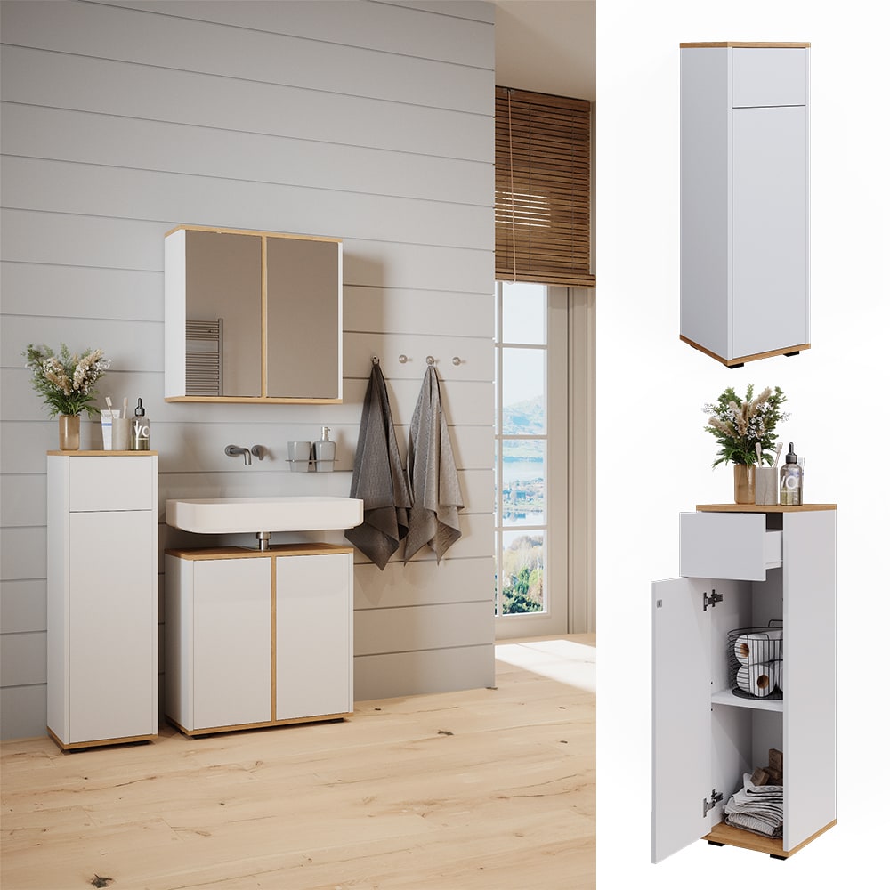 Vicco Midischrank Didi Wei&szlig; Eiche 30 x 97 cm mit Schublade 