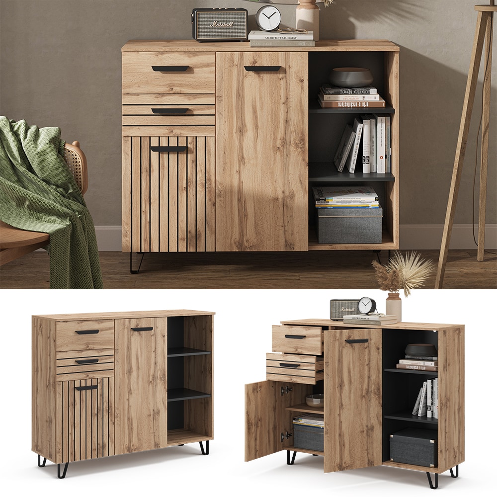 Vicco Sideboard Amber Eiche Wotan 120 x 100 cm mit 2 T&uuml;ren und 2 Schubladen 