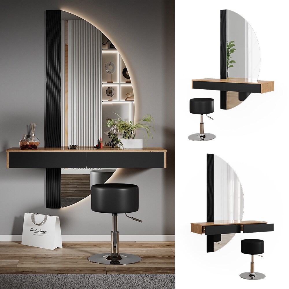 Vicco Schminktisch Melisa Eiche Schwarz 120 cm mit Beleuchtung und Hocker 