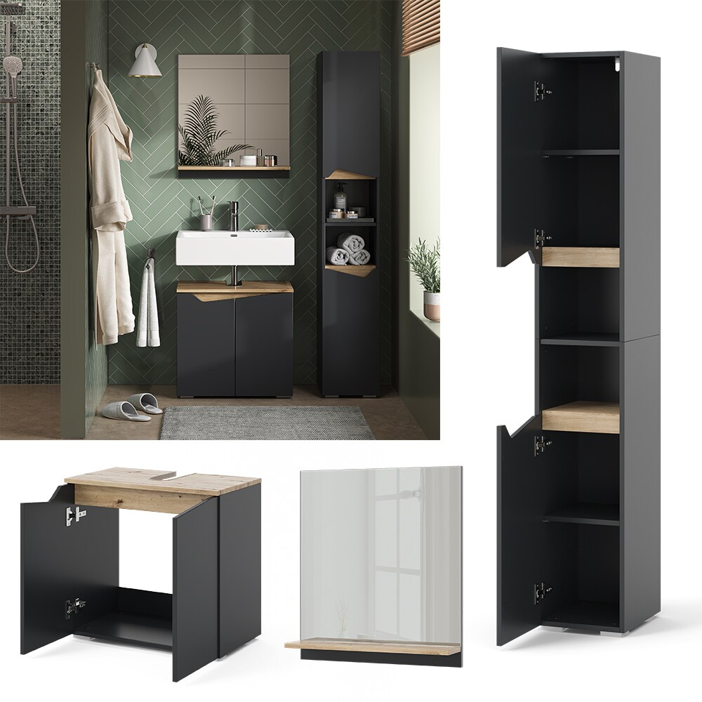 Vicco Badm&ouml;bel-Set Marelle Anthrazit Eiche 3 Teile Hochschrank 