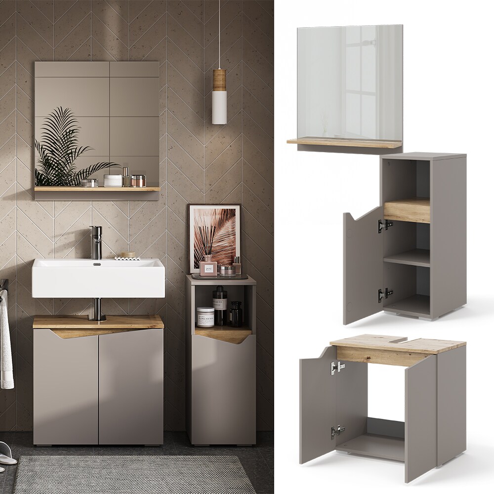 Vicco Badm&ouml;bel-Set Marelle Greige Eiche 3 Teile Midischrank 