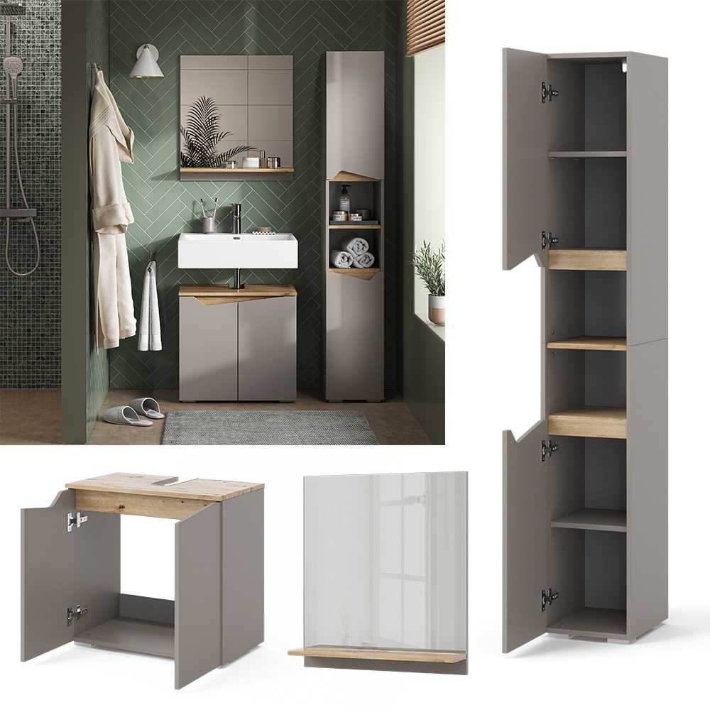 Vicco Badm&ouml;bel-Set Marelle Greige Eiche 3 Teile Hochschrank 