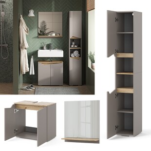 Vicco Badmöbel-Set Marelle Greige Eiche 3 Teile Hochschrank 