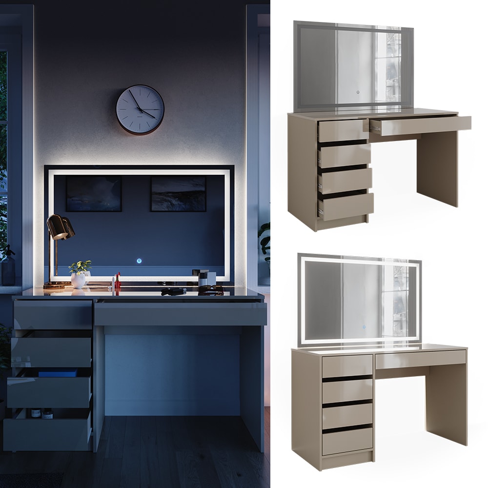 Vicco Schminktisch Sherry Greige Hochglanz 120 x 75 cm 5 Schubladen LED-Spiegel 