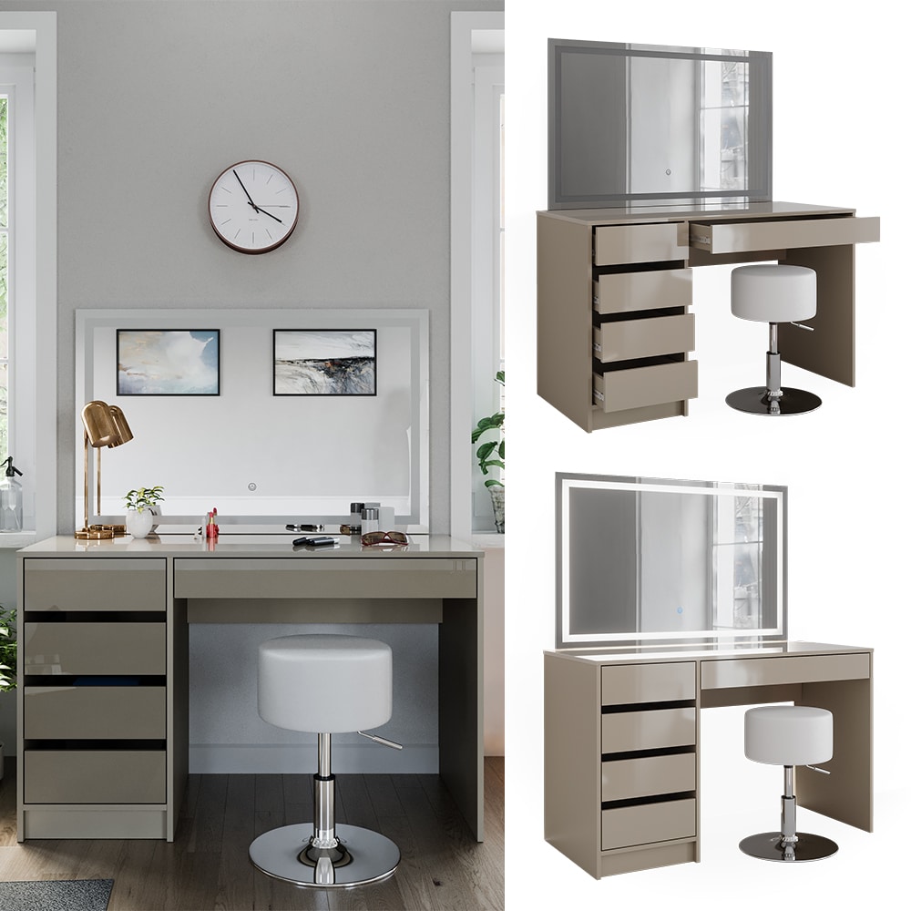 Vicco Schminktisch Sherry Greige Hochglanz 120 x 75 cm 5 Schubladen LED-Spiegel Hocker 