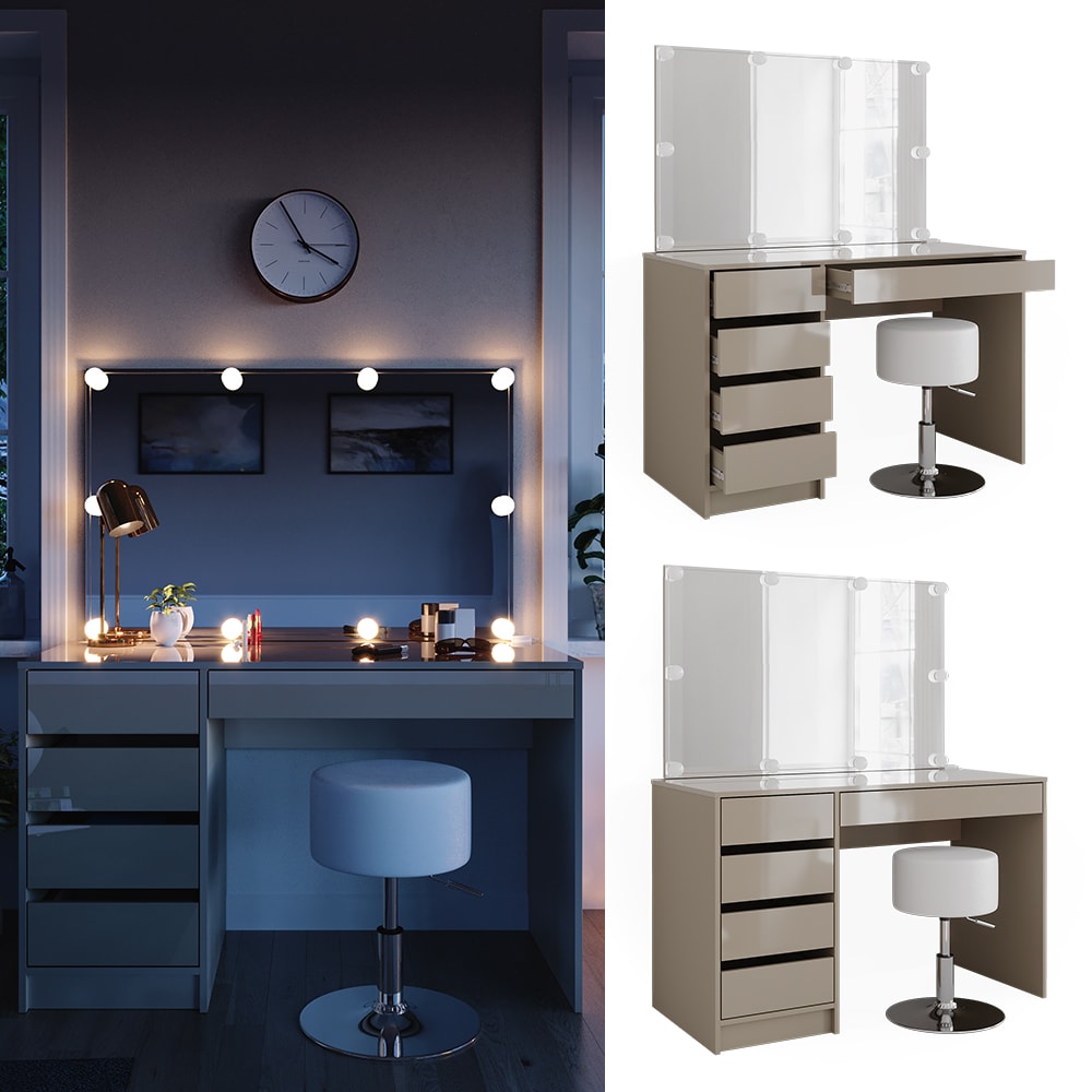 Vicco Schminktisch Sherry Greige Hochglanz 120 x 75 cm 5 Schubladen Spiegel Hocker LED 