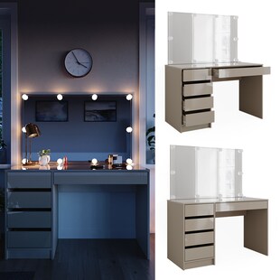 Vicco Schminktisch Sherry Greige Hochglanz 120 x 75 cm 5 Schubladen Spiegel LED 