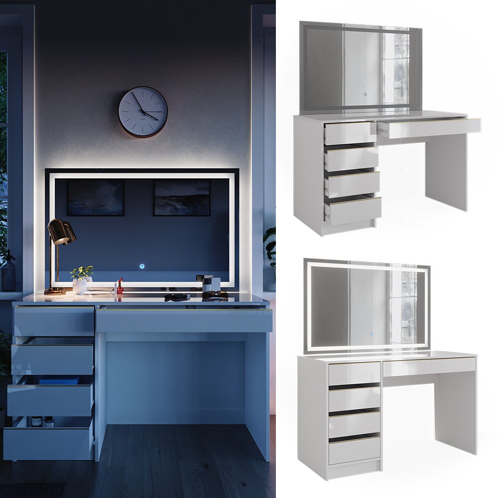 Vicco Schminktisch Sherry Wei&szlig; Hochglanz Gold 120 x 75 cm 5 Schubladen LED-Spiegel 