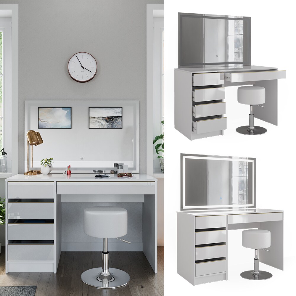 Vicco Schminktisch Sherry Wei&szlig; Hochglanz Gold 120 x 75 cm 5 Schubladen LED-Spiegel Hocker 