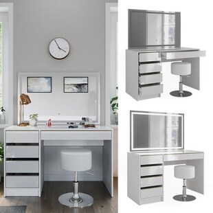 Vicco Schminktisch Sherry Weiß Hochglanz Gold 120 x 75 cm 5 Schubladen LED-Spiegel Hocker 