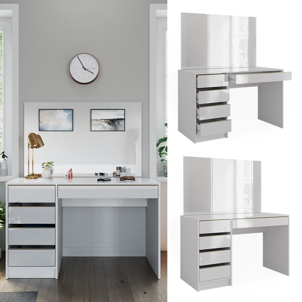 Vicco Schminktisch Sherry Wei&szlig; Hochglanz Gold 120 x 75 cm 5 Schubladen Spiegel 