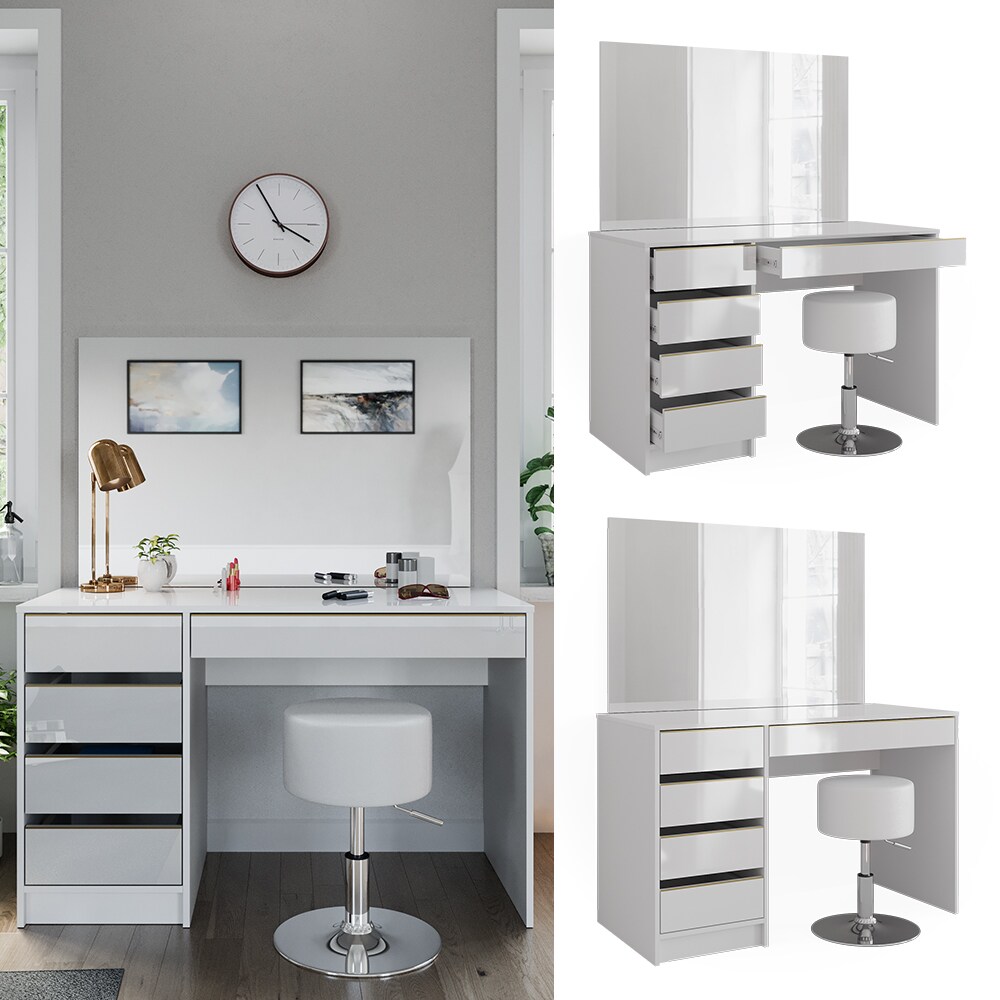 Vicco Schminktisch Sherry Wei&szlig; Hochglanz Gold 120 x 75 cm 5 Schubladen Spiegel Hocker 