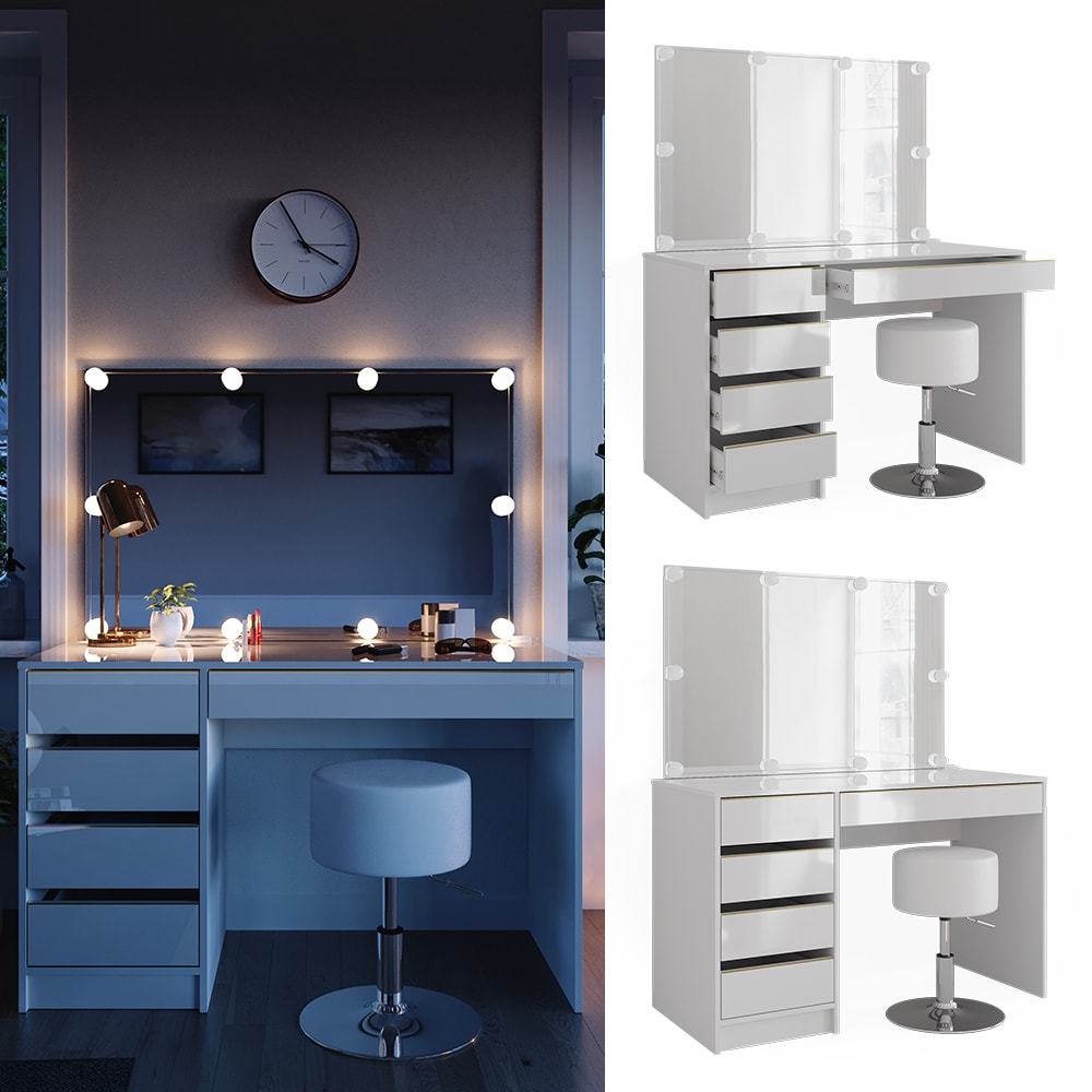 Vicco Schminktisch Sherry Wei&szlig; Hochglanz Gold 120 x 75 cm 5 Schubladen Spiegel Hocker LED 