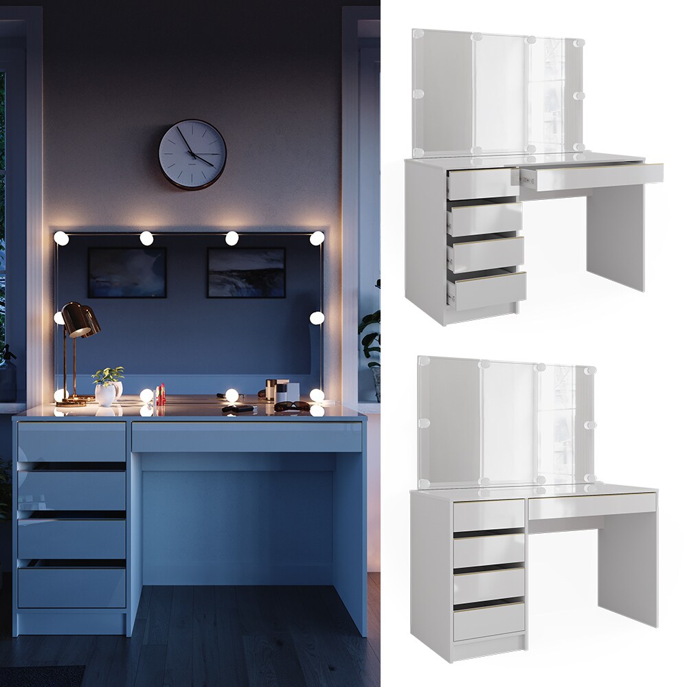 Vicco Schminktisch Sherry Wei&szlig; Hochglanz Gold 120 x 75 cm 5 Schubladen Spiegel LED 