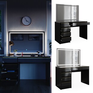 Vicco Schminktisch Sherry Schwarz Hochglanz Gold 120 x 75 cm 5 Schubladen LED-Spiegel 