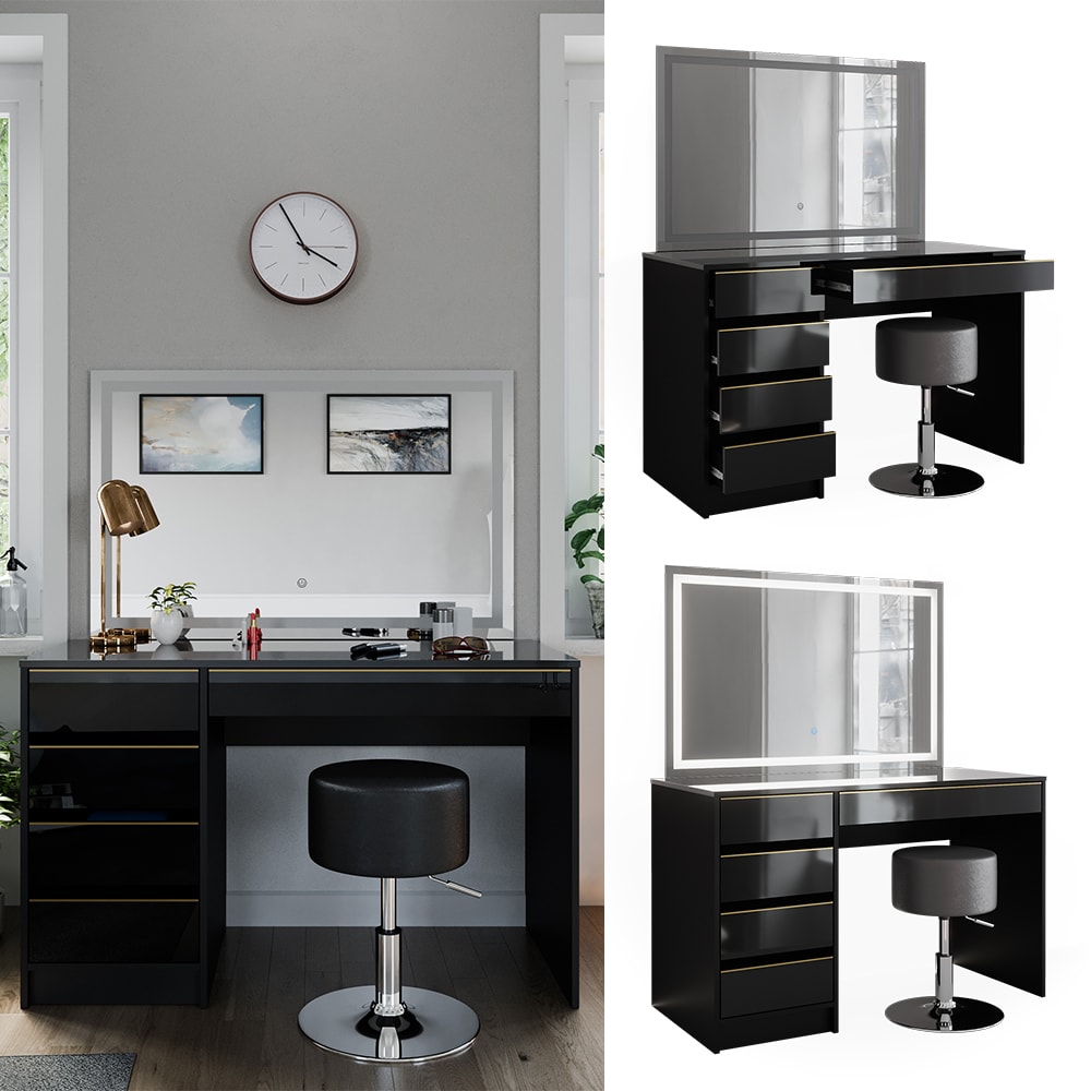 Vicco Schminktisch Sherry Schwarz Hochglanz Gold 120 x 75 cm 5 Schubladen LED-Spiegel Hocker 