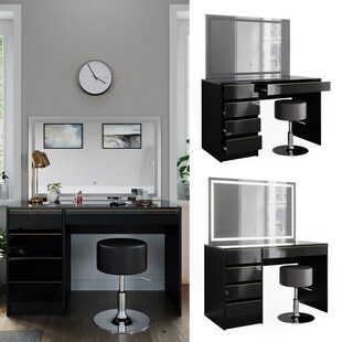 Vicco Schminktisch Sherry Schwarz Hochglanz Gold 120 x 75 cm 5 Schubladen LED-Spiegel Hocker 