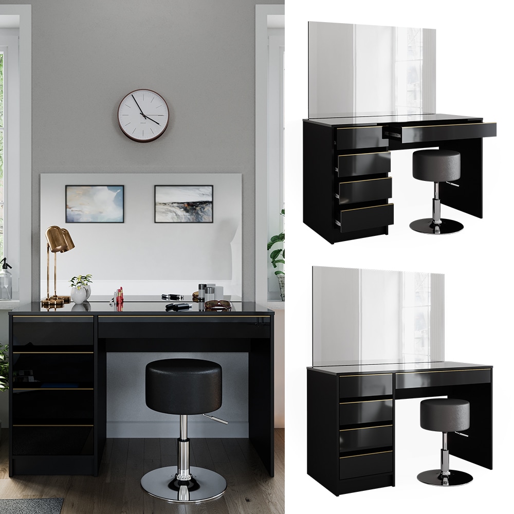 Vicco Schminktisch Sherry Schwarz Hochglanz Gold 120 x 75 cm 5 Schubladen Spiegel Hocker 